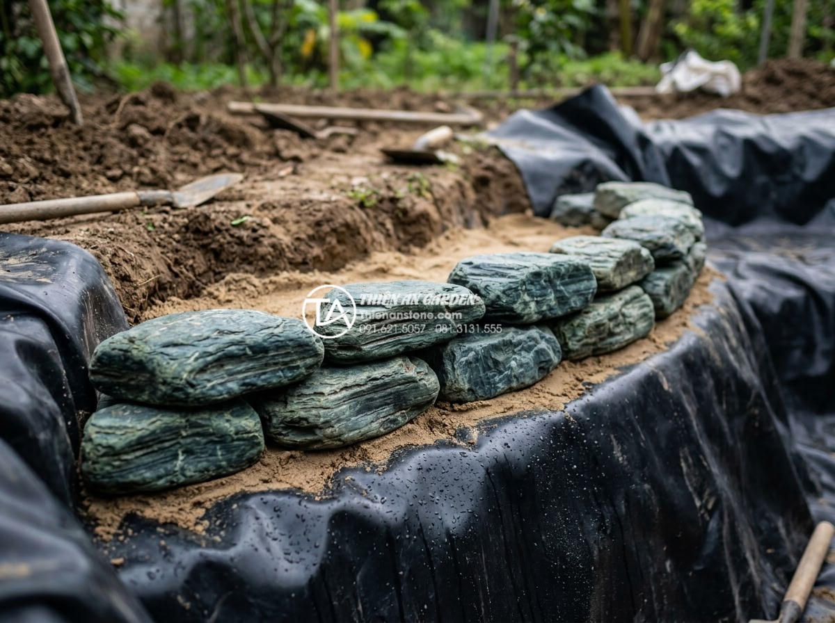 Kỹ thuật kè hồ cá Koi bằng đá xanh Nhật Bản: Đẹp, bền và chuẩn phong thủy - Step-by-step construction of Koi pond edging with Japanese blue stones being pla
