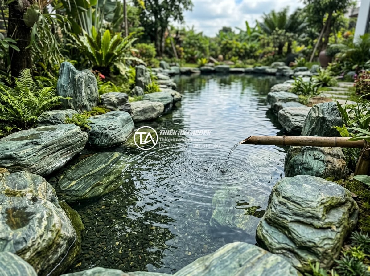 Kỹ thuật kè hồ cá Koi bằng đá xanh Nhật Bản: Đẹp, bền và chuẩn phong thủy - Finished technical steps of stone edging installation on a large Koi pond with c