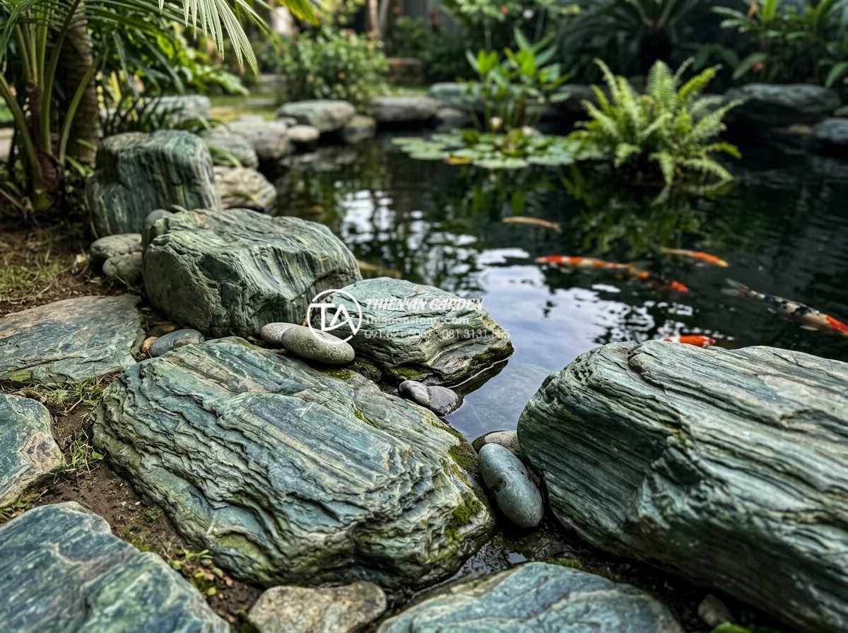 Kỹ thuật kè hồ cá Koi bằng đá xanh Nhật Bản: Đẹp, bền và chuẩn phong thủy - Detailed view of professionally laid Japanese blue stone on Koi pond banks with 