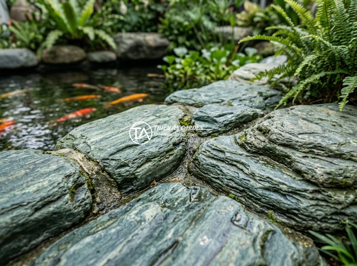 Kỹ thuật kè hồ cá Koi bằng đá xanh Nhật Bản: Đẹp, bền và chuẩn phong thủy - Aesthetic close-up of stone edging technique showing interlocking blue Japanese 
