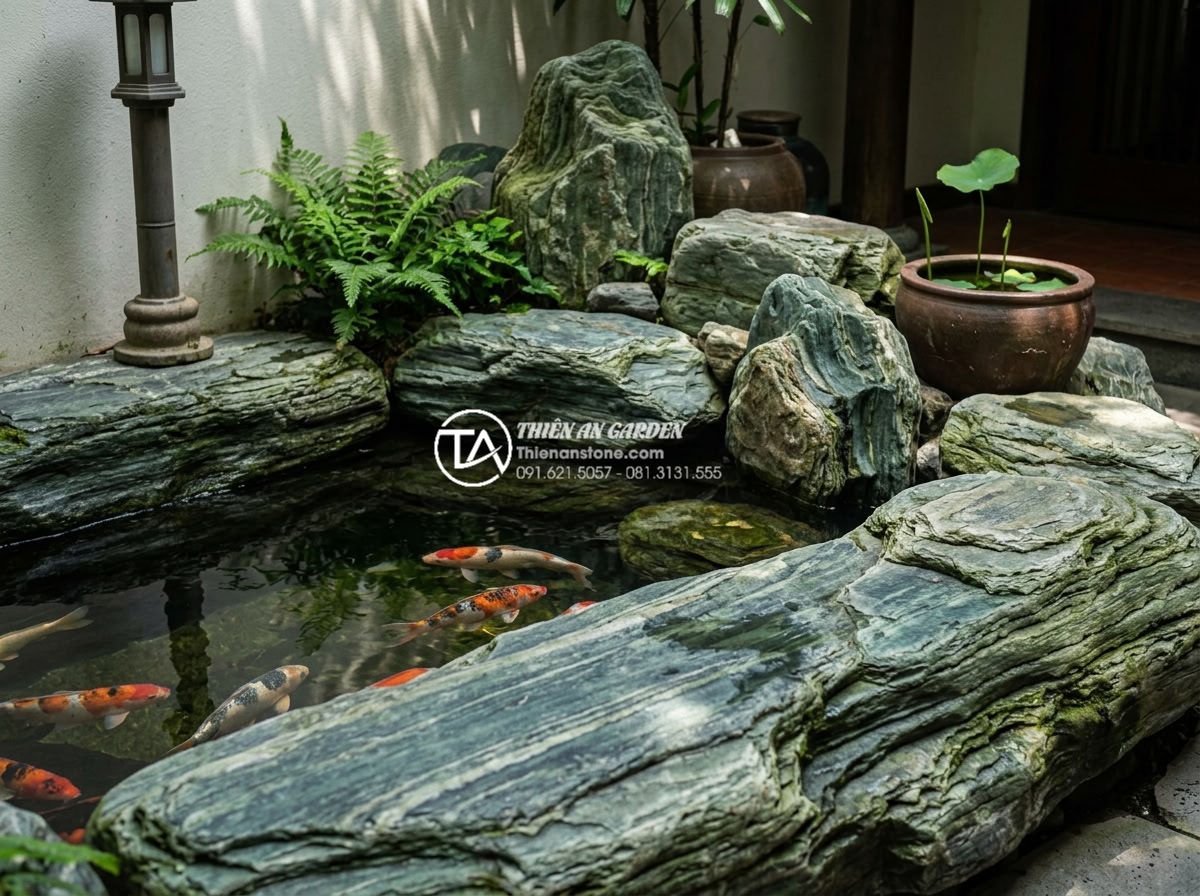 Kỹ thuật kè hồ cá Koi bằng đá xanh Nhật Bản: Đẹp, bền và chuẩn phong thủy - Various design examples of Koi ponds featuring Japanese blue stone edging in dif