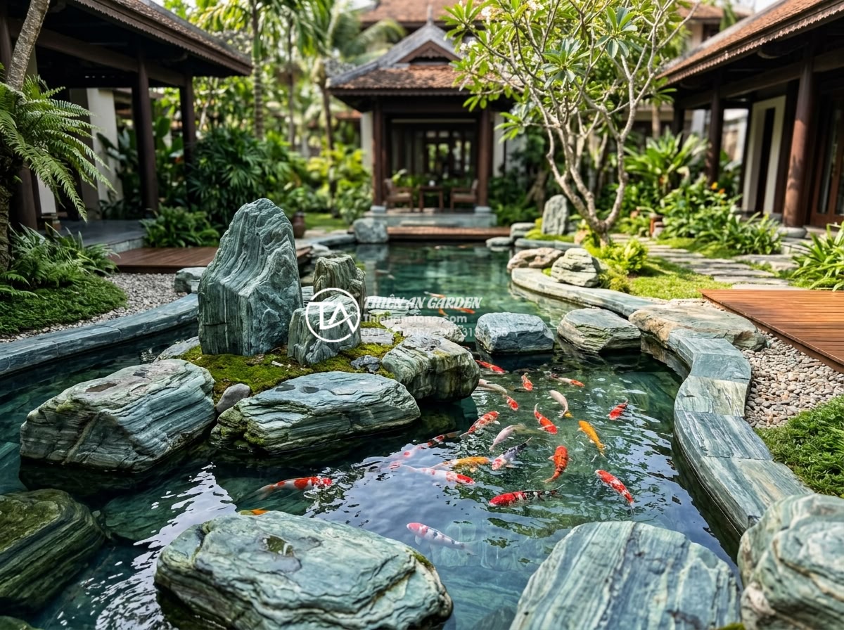 Kỹ thuật kè hồ cá Koi bằng đá xanh Nhật Bản: Đẹp, bền và chuẩn phong thủy - Inspiring gallery of completed Koi pond designs with blue Japanese stones and vi