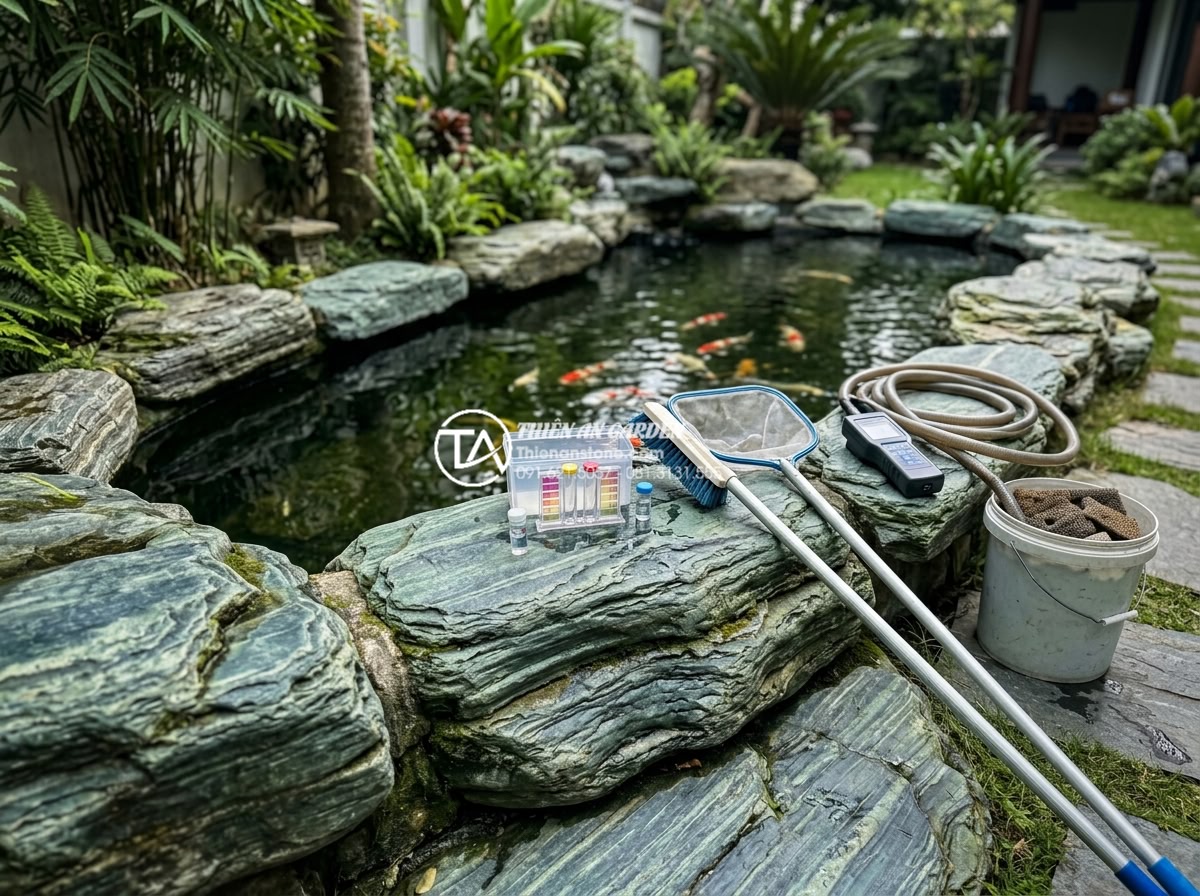 Kỹ thuật kè hồ cá Koi bằng đá xanh Nhật Bản: Đẹp, bền và chuẩn phong thủy - Maintenance process of a Koi pond with Japanese blue stone edging including wate