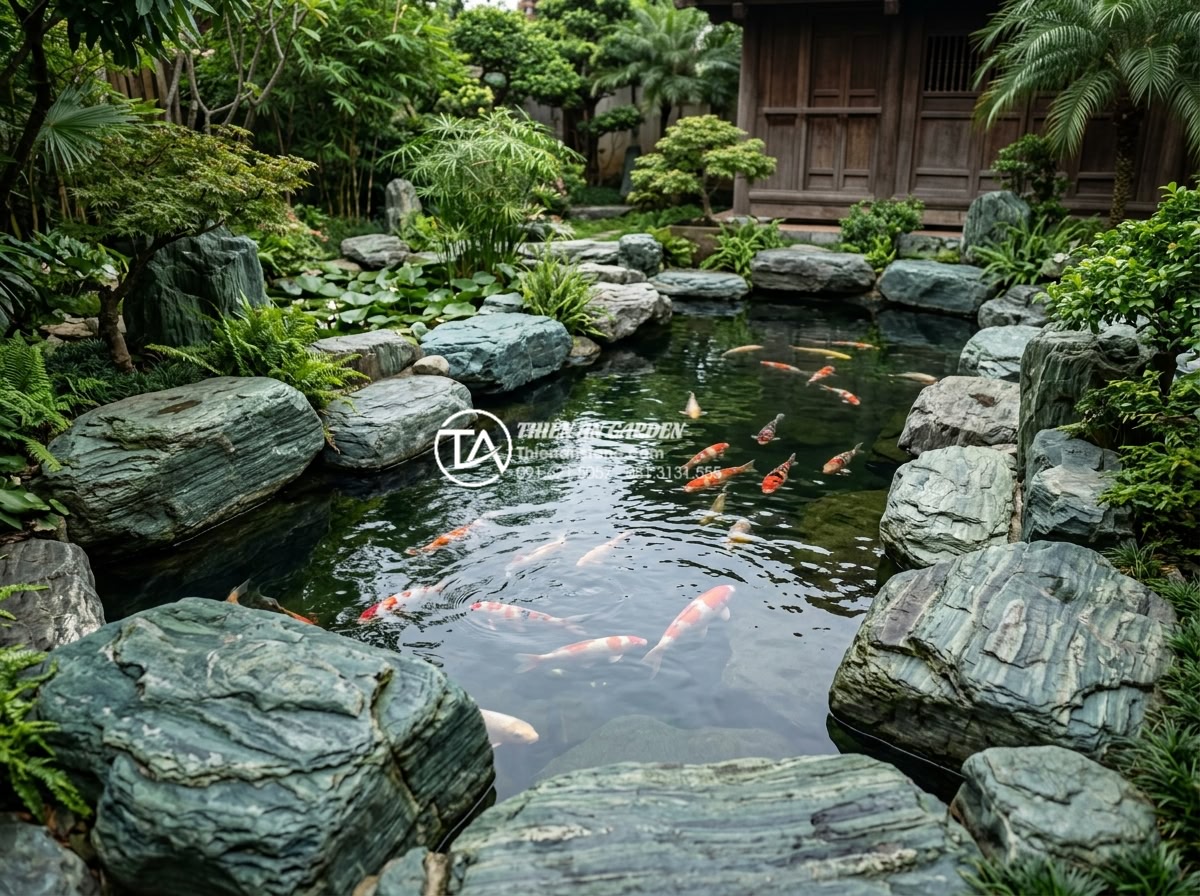 Kỹ thuật kè hồ cá Koi bằng đá xanh Nhật Bản: Đẹp, bền và chuẩn phong thủy - Long-term maintained Koi pond showing pristine blue Japanese stone edges after s