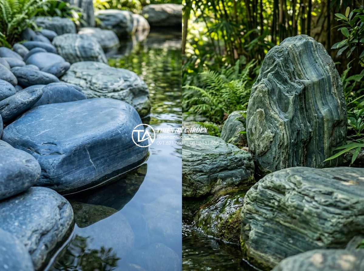 Kỹ thuật kè hồ cá Koi bằng đá xanh Nhật Bản: Đẹp, bền và chuẩn phong thủy - Side-by-side comparison chart of Japanese blue stone versus other pond edging st