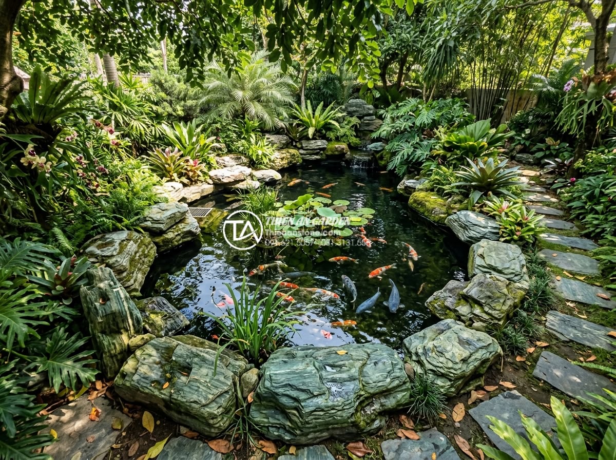 Kỹ thuật kè hồ cá Koi bằng đá xanh Nhật Bản: Đẹp, bền và chuẩn phong thủy - Overview of a well-designed Koi pond construction process showing stone edging w