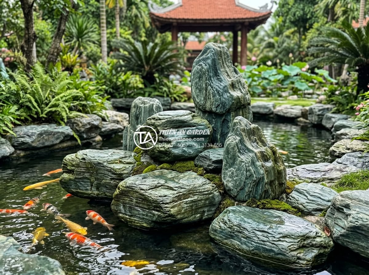 Kỹ thuật kè hồ cá Koi bằng đá xanh Nhật Bản: Đẹp, bền và chuẩn phong thủy - Visual comparison of different stone types used in Koi pond construction highlig