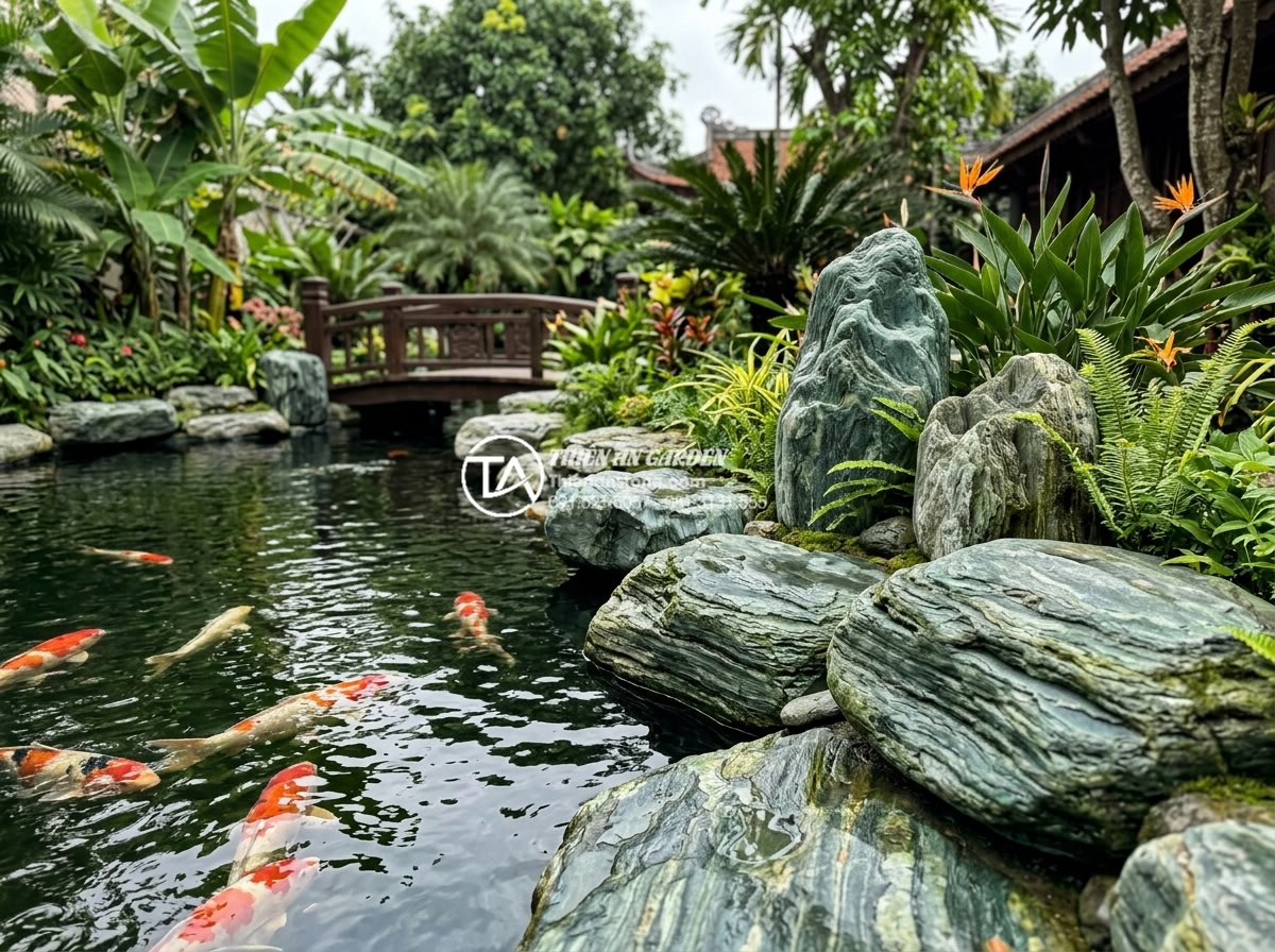 Kỹ thuật kè hồ cá Koi bằng đá xanh Nhật Bản: Đẹp, bền và chuẩn phong thủy - Professional team from Da Canh Thien An working on a completed Koi pond project 