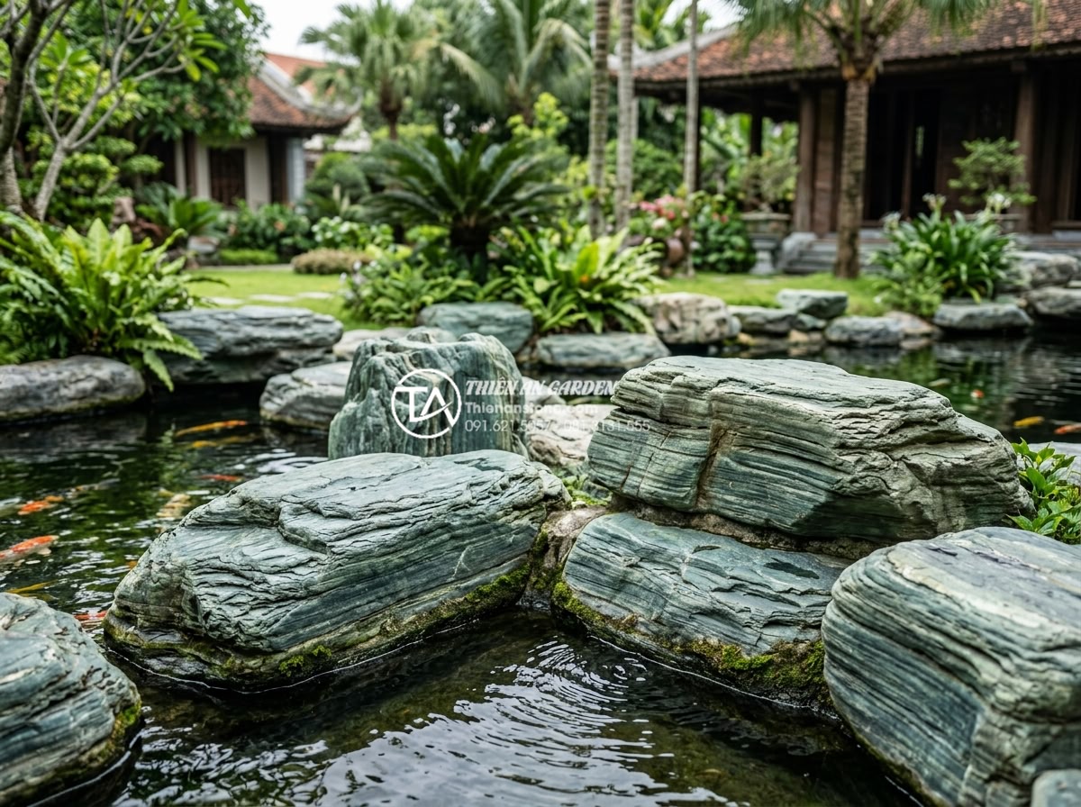 Kỹ thuật kè hồ cá Koi bằng đá xanh Nhật Bản: Đẹp, bền và chuẩn phong thủy - Happy client viewing finished luxury Koi pond edged with premium Japanese blue s