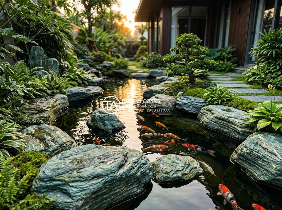 Kỹ thuật kè hồ cá Koi bằng đá xanh Nhật Bản: Đẹp, bền và chuẩn phong thủy - Beautiful Koi pond edged with Japanese blue stones, surrounded by green plants a
