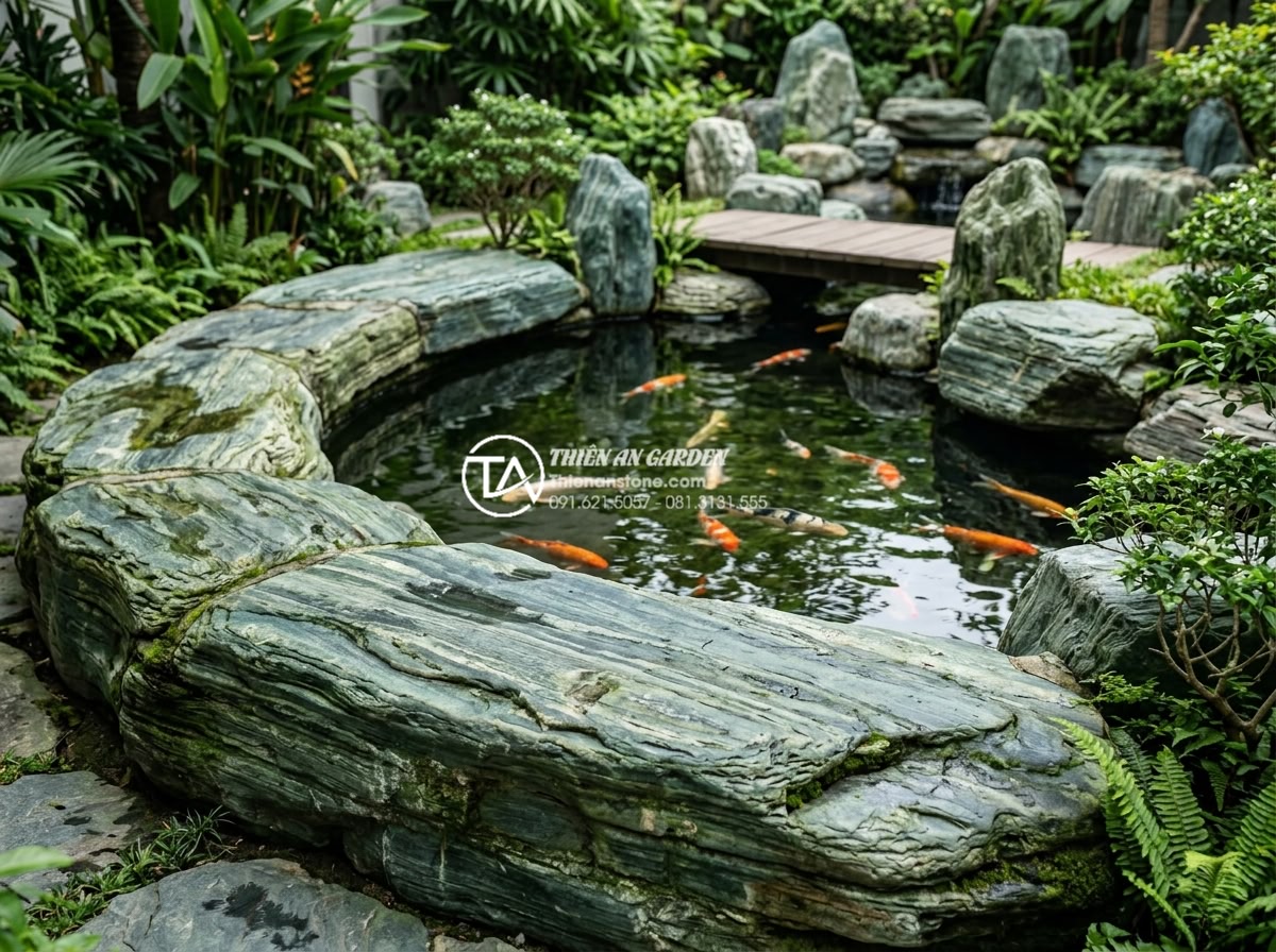 Kỹ thuật kè hồ cá Koi bằng đá xanh Nhật Bản: Đẹp, bền và chuẩn phong thủy - Feng shui inspired Koi pond with Japanese blue stone edging, positioned accordin