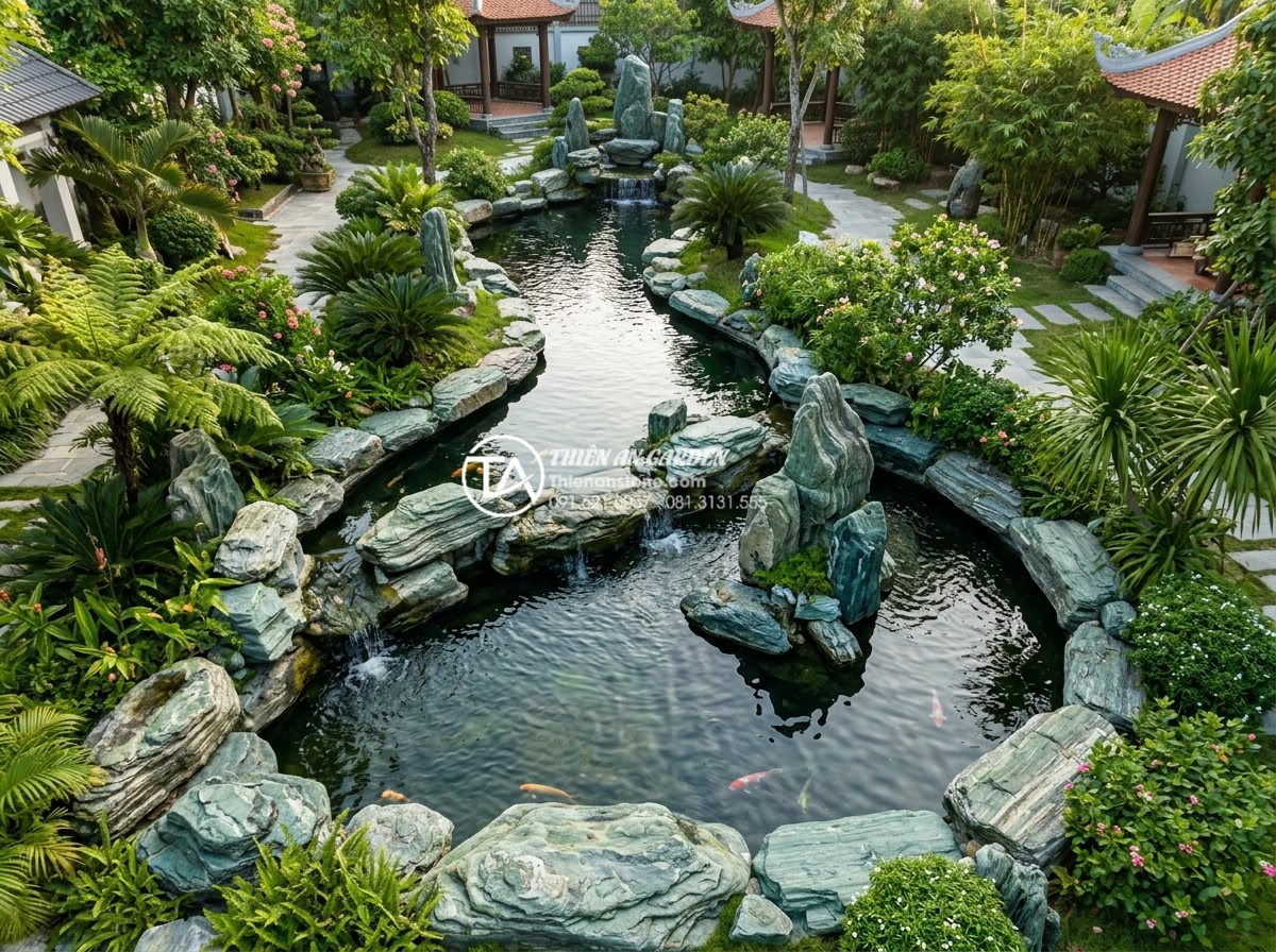 Kỹ thuật kè hồ cá Koi bằng đá xanh Nhật Bản: Đẹp, bền và chuẩn phong thủy - Aerial view of feng shui optimized Koi pond using blue Japanese stones with bala