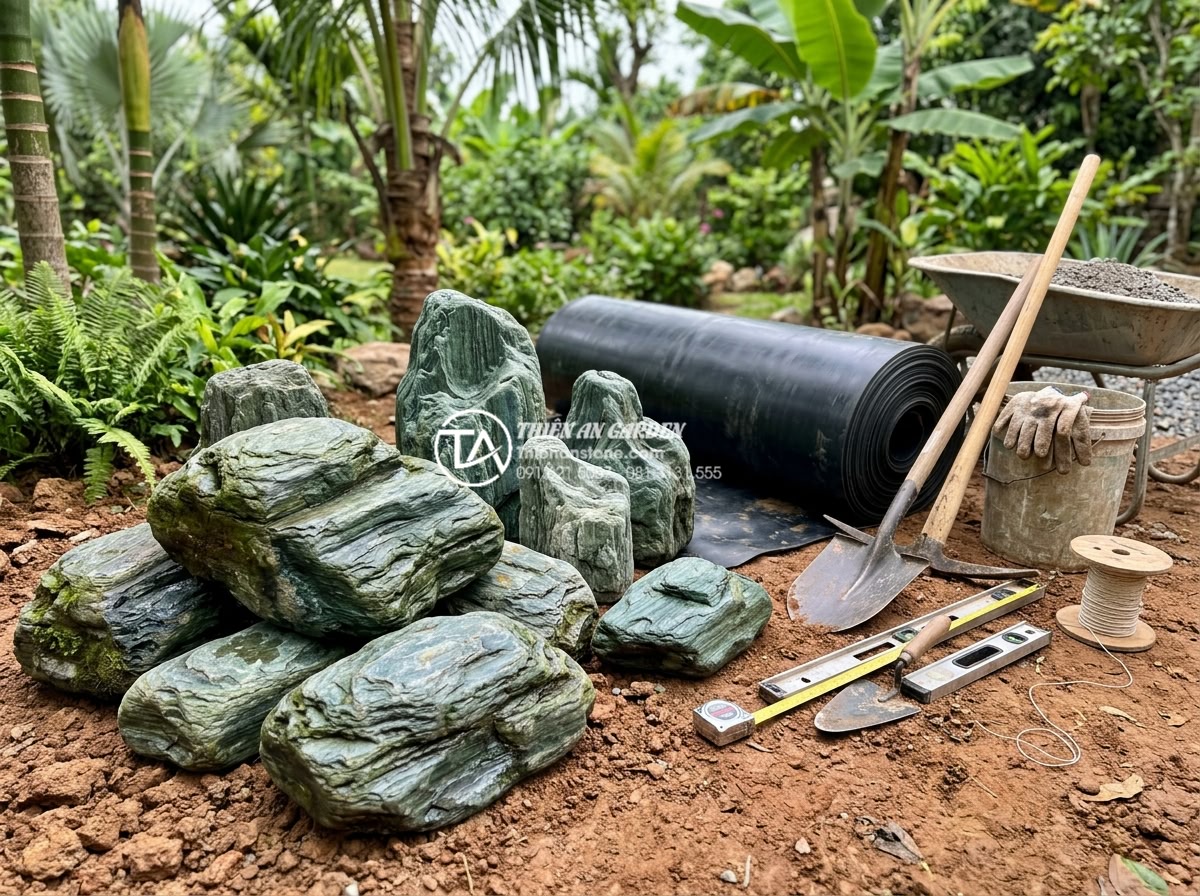 Kỹ thuật kè hồ cá Koi bằng đá xanh Nhật Bản: Đẹp, bền và chuẩn phong thủy - Construction preparation materials laid out including Japanese blue stones, HDPE