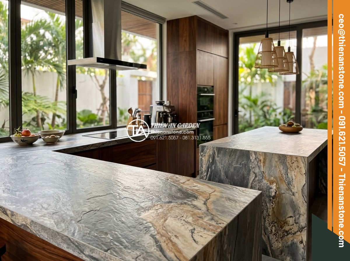 Kỹ thuật mài cạnh và ghép đá bếp không đường nối cho biệt thự cao cấp - Real-world luxury villa kitchen with seamless joined stone countertops integrate
