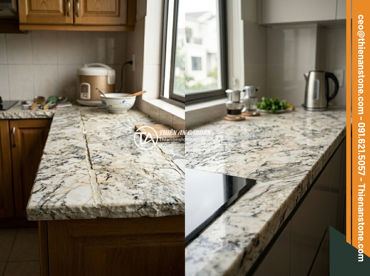 Kỹ thuật mài cạnh và ghép đá bếp không đường nối cho biệt thự cao cấp - Side-by-side comparison of traditional visible seam stone countertop versus mode
