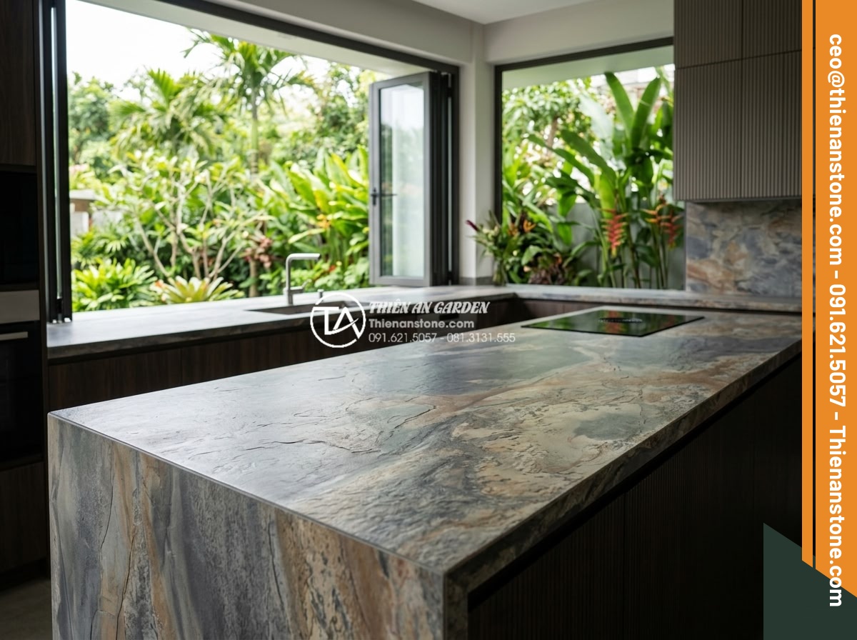Kỹ thuật mài cạnh và ghép đá bếp không đường nối cho biệt thự cao cấp - Luxury modern villa kitchen featuring seamless natural stone countertop with no 