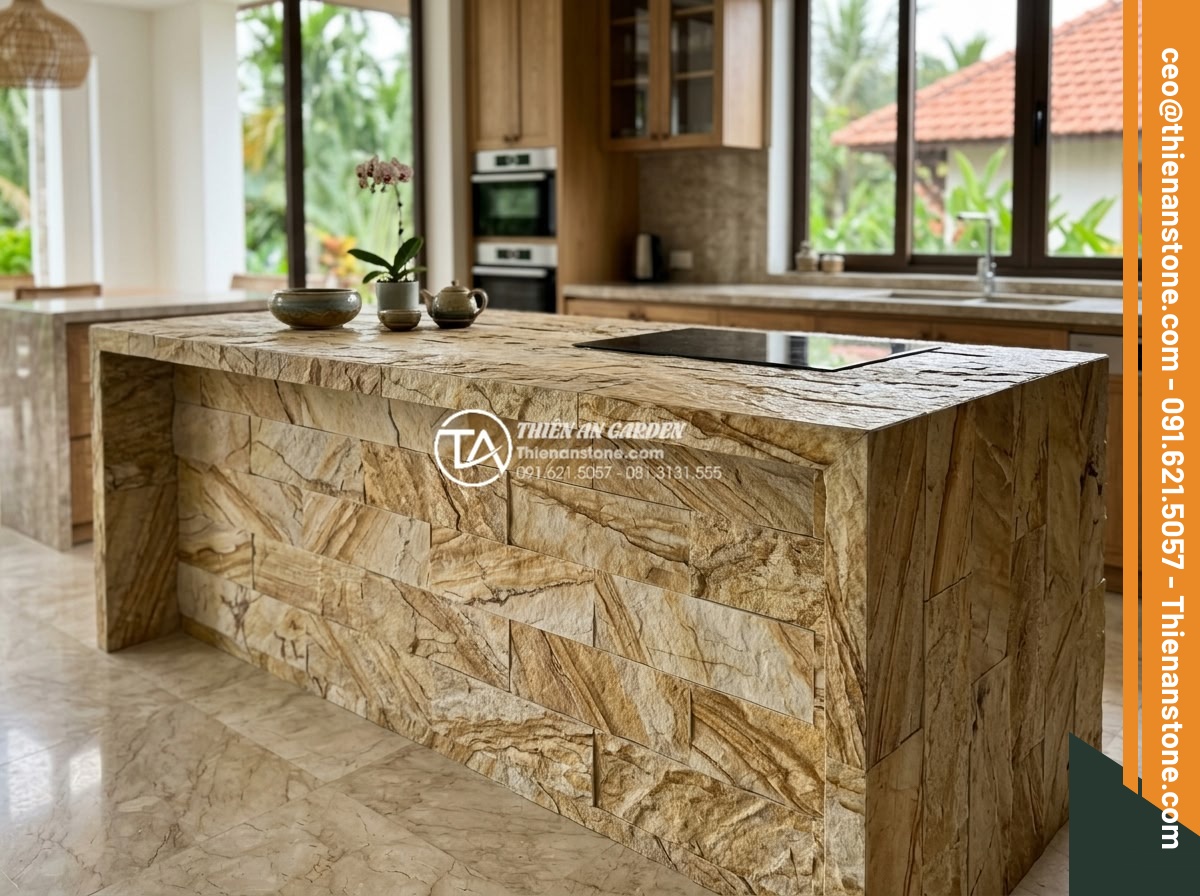 Kỹ thuật mài cạnh và ghép đá bếp không đường nối cho biệt thự cao cấp - Elegant high-end kitchen island made from joined marble slabs with invisible sea