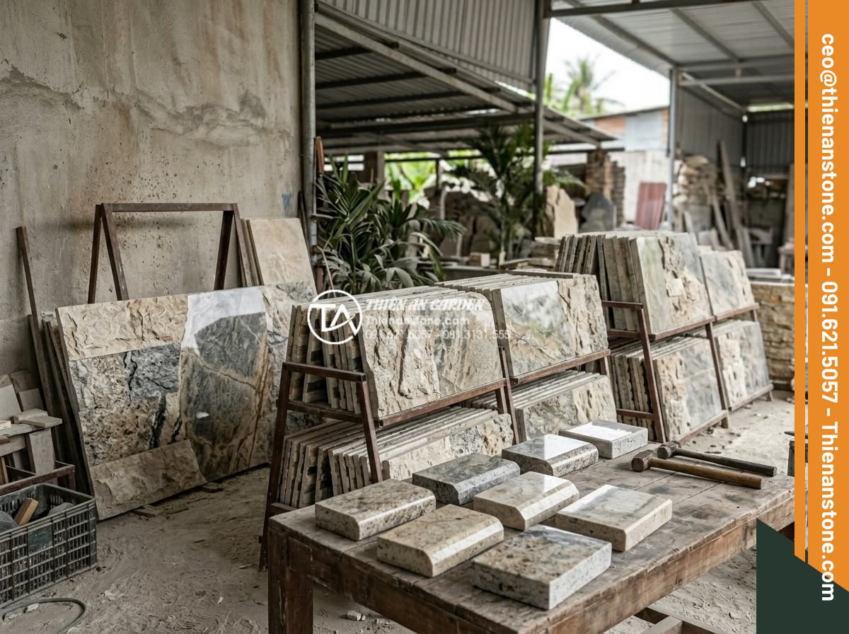 Kỹ thuật mài cạnh và ghép đá bếp không đường nối cho biệt thự cao cấp - Variety of natural stone slabs including granite, marble and quartzite displayed