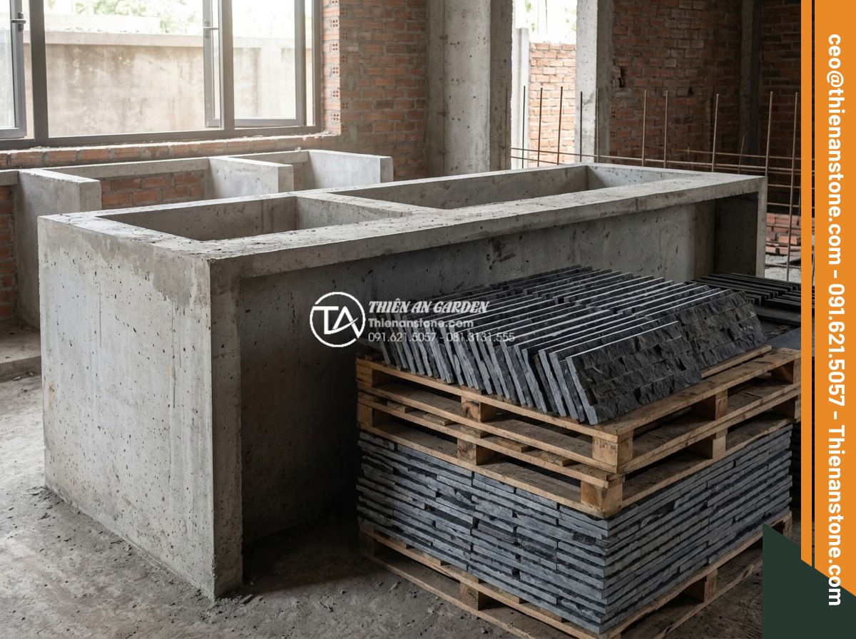 Kỹ thuật mài cạnh và ghép đá bếp không đường nối cho biệt thự cao cấp - Step-by-step professional installation process of seamless stone kitchen counter