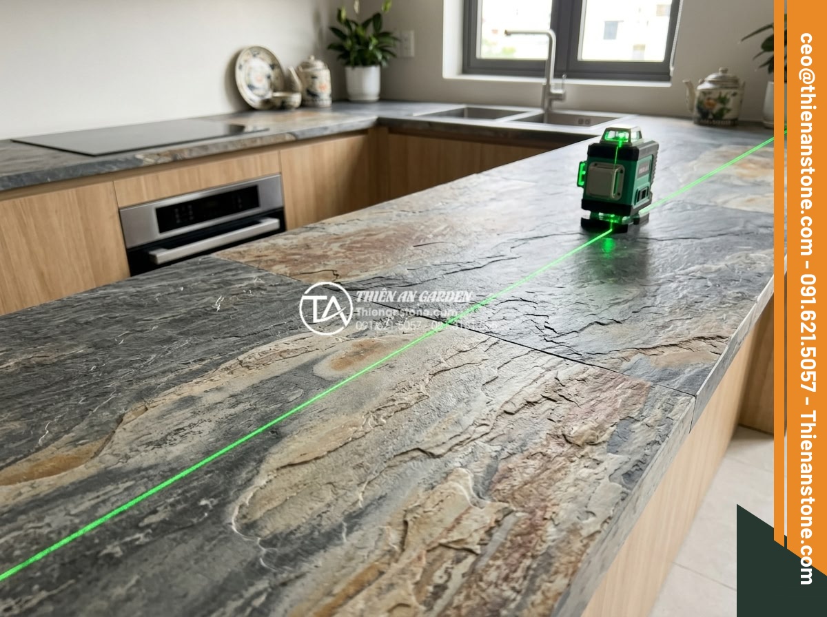 Kỹ thuật mài cạnh và ghép đá bếp không đường nối cho biệt thự cao cấp - Final quality inspection of joined natural stone kitchen top with invisible seam