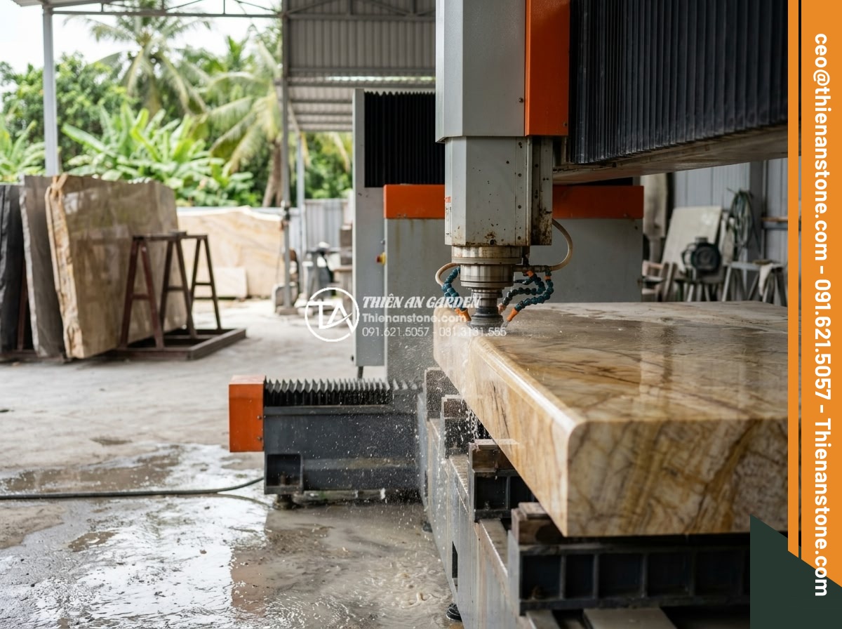 Kỹ thuật mài cạnh và ghép đá bếp không đường nối cho biệt thự cao cấp - Modern CNC stone cutting and edge polishing machine in action processing large g