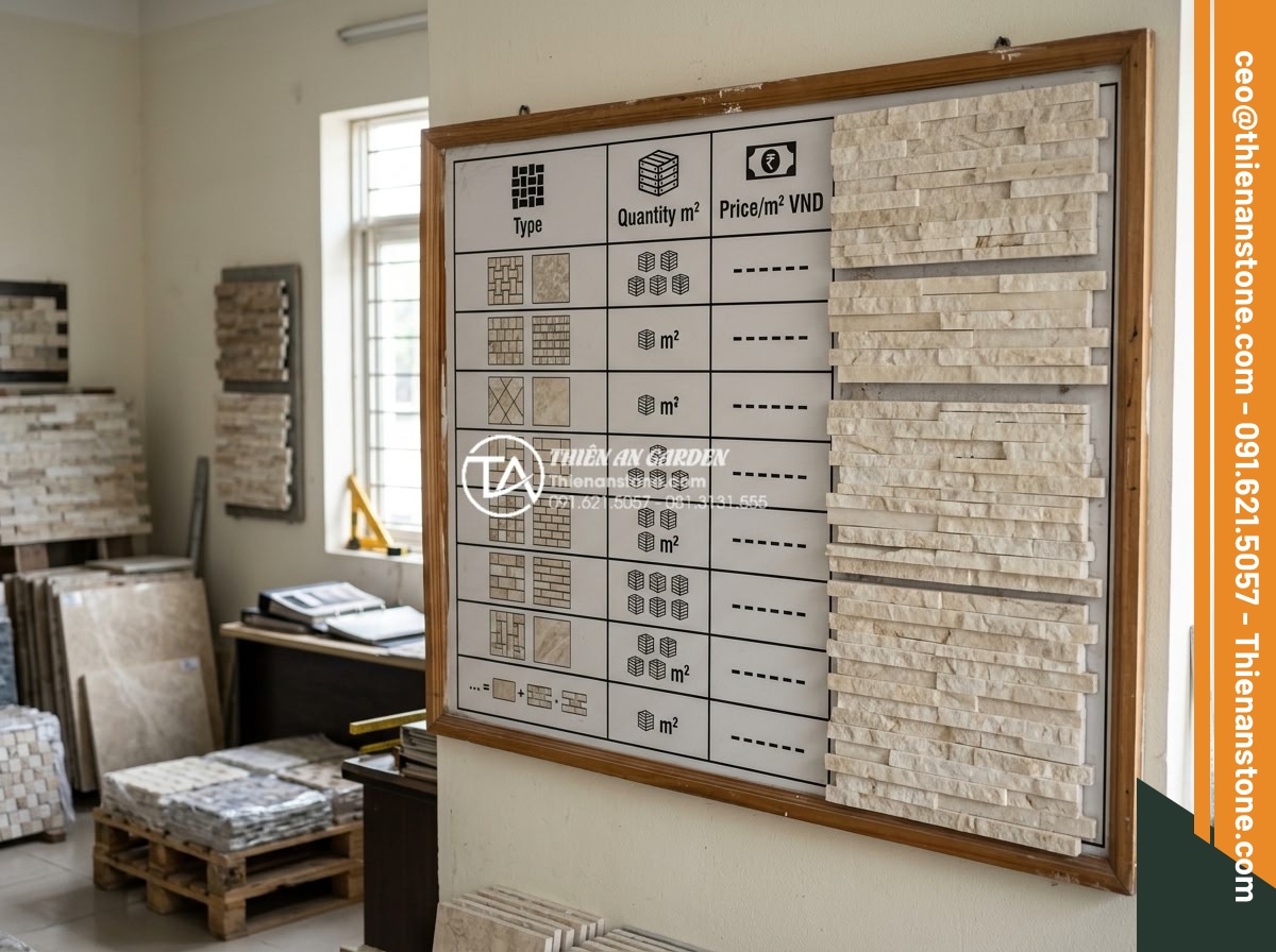 Mua đá ghép ở đâu giá sỉ? Tổng kho đá ghép tự nhiên lớn nhất 3 miền - Hình 11 Mua đá ghép ở đâu giá sỉ? Tổng kho đá ghép tự nhiên lớn nhất 3 miền - Price list board displaying wholesale natural stone mosaic prices with various t
