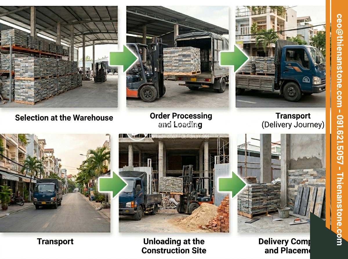 Mua đá ghép ở đâu giá sỉ? Tổng kho đá ghép tự nhiên lớn nhất 3 miền - Hình 13 Mua đá ghép ở đâu giá sỉ? Tổng kho đá ghép tự nhiên lớn nhất 3 miền - Step-by-step infographic of professional stone purchasing and delivery process f
