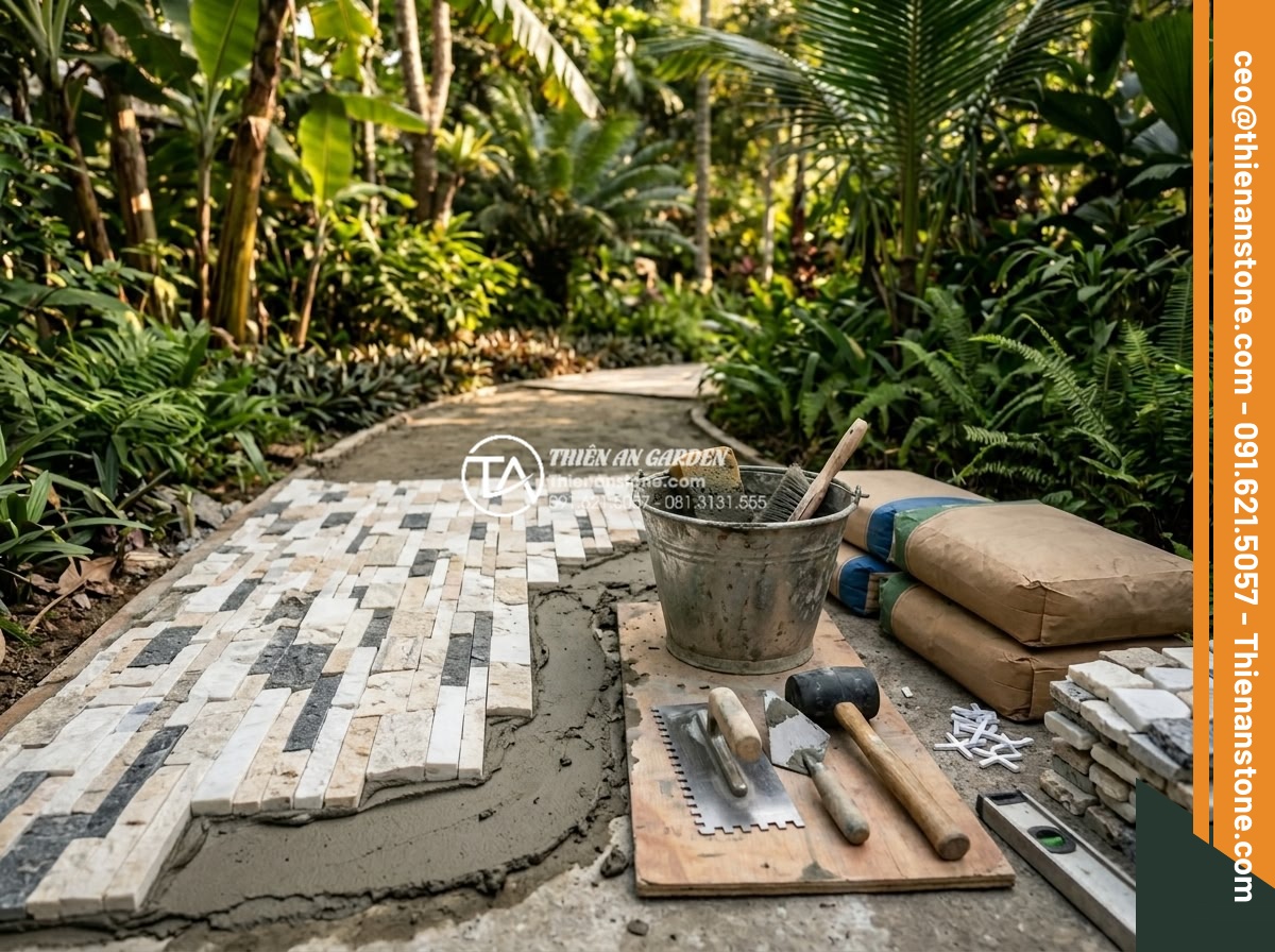 Mua đá ghép ở đâu giá sỉ? Tổng kho đá ghép tự nhiên lớn nhất 3 miền - Hình 15 Mua đá ghép ở đâu giá sỉ? Tổng kho đá ghép tự nhiên lớn nhất 3 miền - Skilled workers installing natural stone mosaic tiles on a garden pathway with t