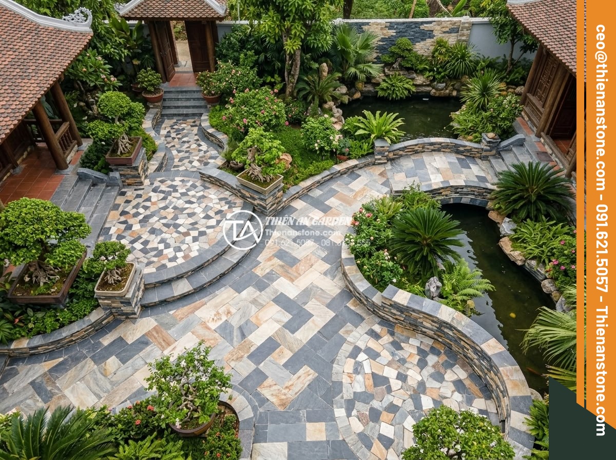 Mua đá ghép ở đâu giá sỉ? Tổng kho đá ghép tự nhiên lớn nhất 3 miền - Hình 18 Mua đá ghép ở đâu giá sỉ? Tổng kho đá ghép tự nhiên lớn nhất 3 miền - Aerial photo of completed villa garden featuring extensive natural stone mosaic