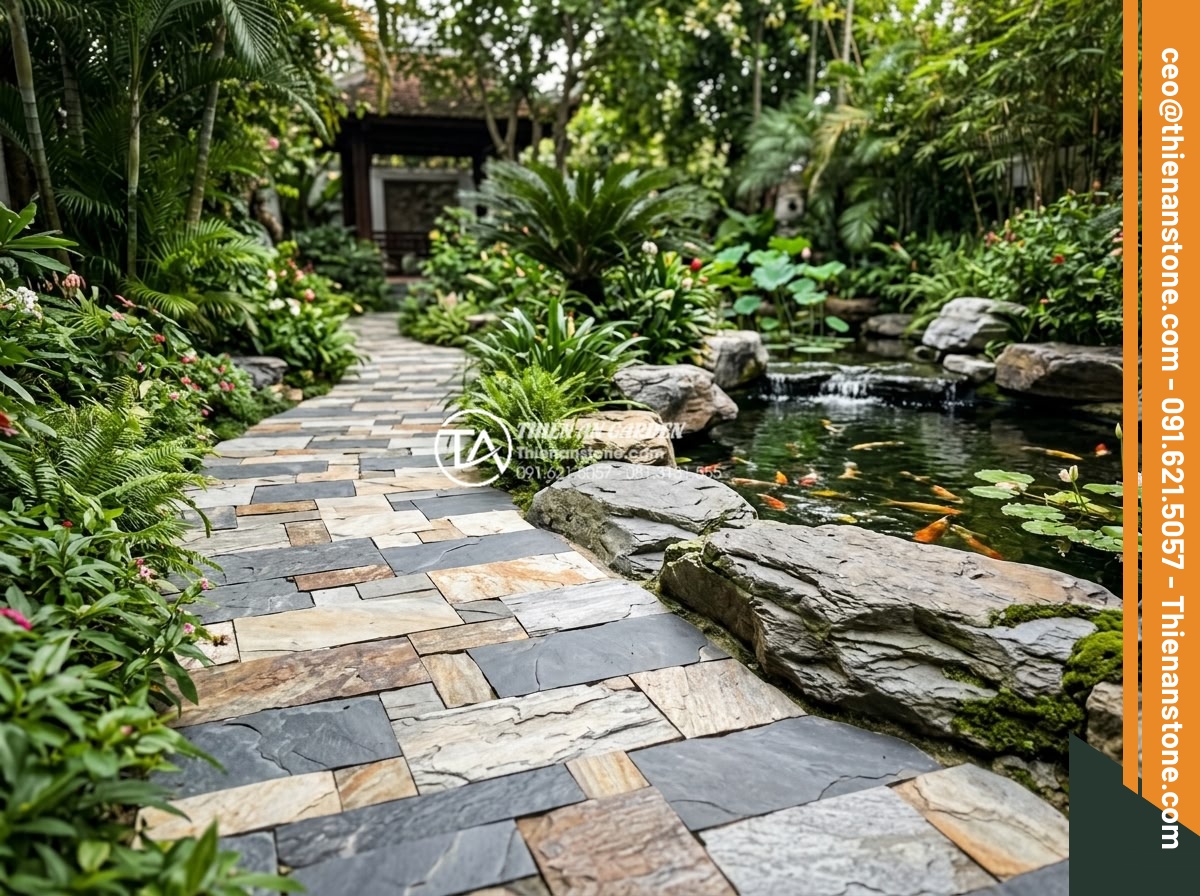 Mua đá ghép ở đâu giá sỉ? Tổng kho đá ghép tự nhiên lớn nhất 3 miền - Hình 3 Mua đá ghép ở đâu giá sỉ? Tổng kho đá ghép tự nhiên lớn nhất 3 miền - Beautiful garden landscape featuring natural stone mosaic pathways winding throu