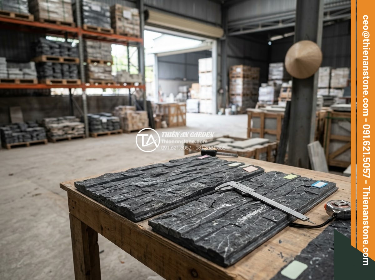 Mua đá ghép ở đâu giá sỉ? Tổng kho đá ghép tự nhiên lớn nhất 3 miền - Hình 7 Mua đá ghép ở đâu giá sỉ? Tổng kho đá ghép tự nhiên lớn nhất 3 miền - Customer inspecting high-quality natural stone mosaic samples at a wholesale sto