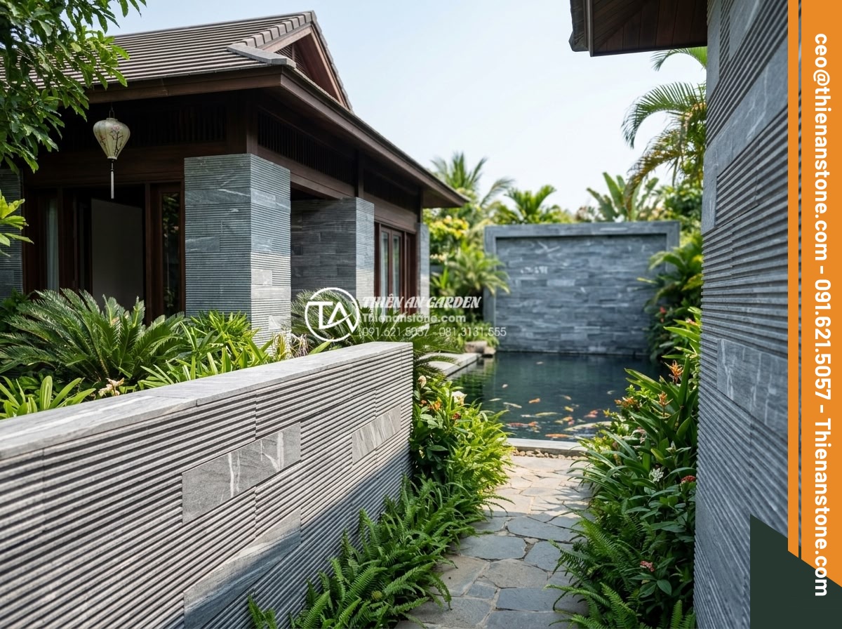 Nên dùng keo dán đá hay xi măng khi ốp đá răng lược lên tường? - Stunning final project showcase of a luxury resort featuring extensive natural c