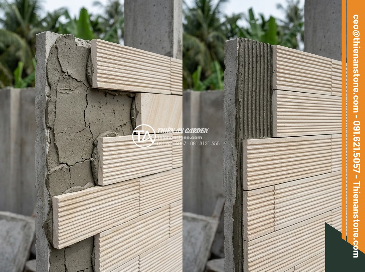 Nên dùng keo dán đá hay xi măng khi ốp đá răng lược lên tường? - Comparison photograph showing traditional cement mortar application on stone wal