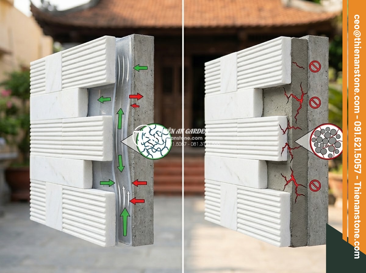 Nên dùng keo dán đá hay xi măng khi ốp đá răng lược lên tường? - Technical comparison infographic style image displaying side-by-side cross-secti