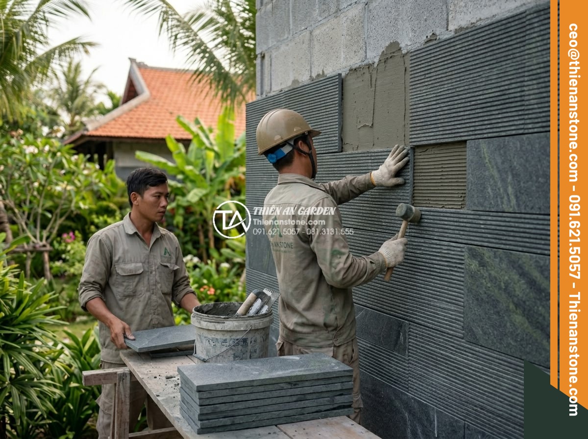 Nên dùng keo dán đá hay xi măng khi ốp đá răng lược lên tường? - Professional on-site photograph of skilled craftsmen from Thien An Stone applyin