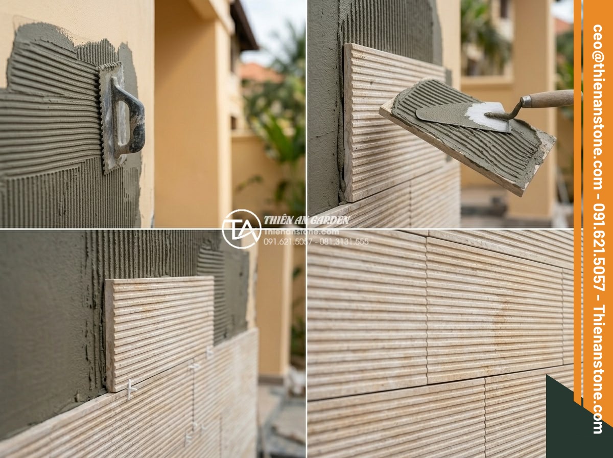 Nên dùng keo dán đá hay xi măng khi ốp đá răng lược lên tường? - Step-by-step installation sequence showing expert applying notched trowel adhesi