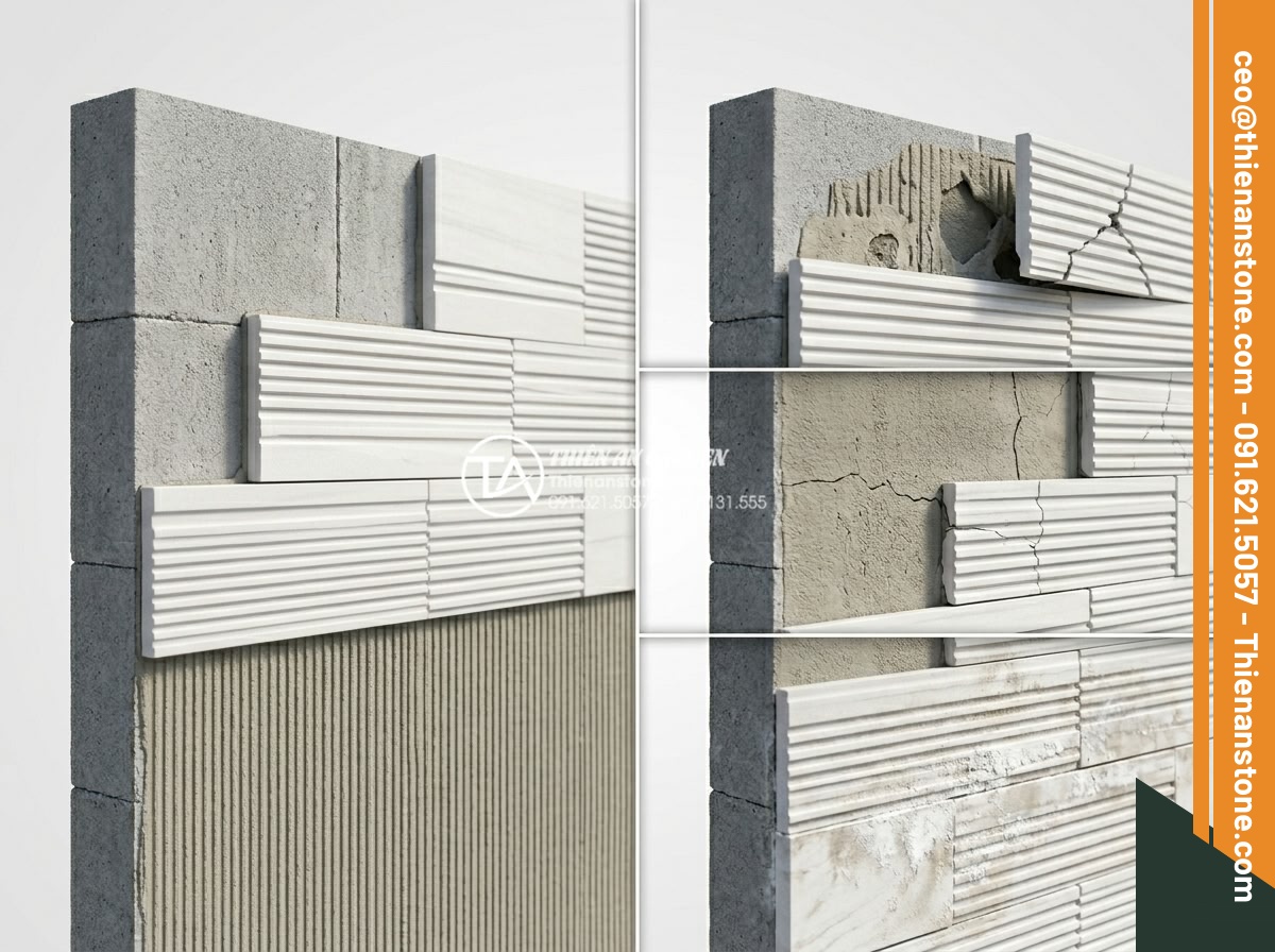 Nên dùng keo dán đá hay xi măng khi ốp đá răng lược lên tường? - Side-by-side technical illustration contrasting proper adhesive installation ver