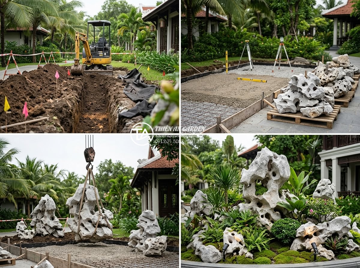 Nghệ thuật thiết kế Layout lũa săn đá (San đá) đỉnh cao - Step-by-step professional installation sequence of a high-end lava stone (lũa sa