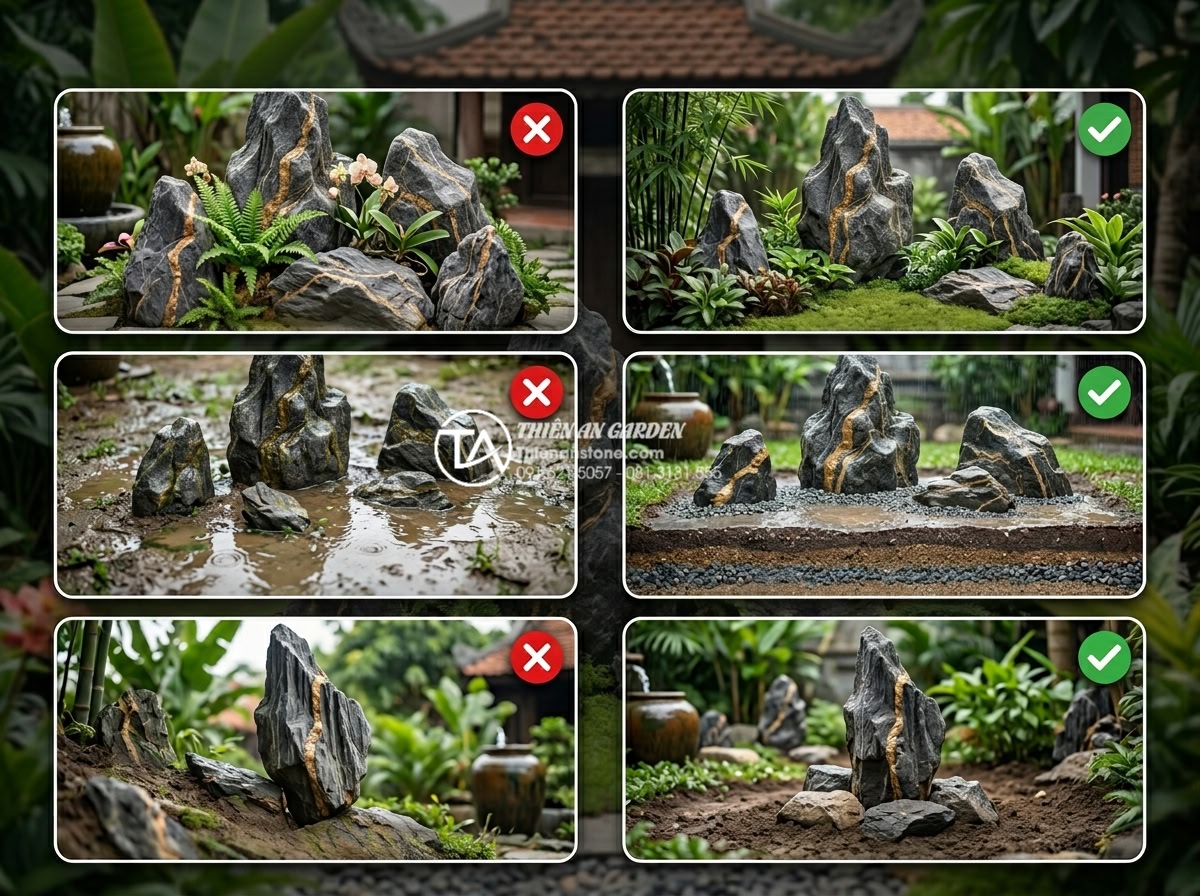 Nghệ thuật thiết kế Layout lũa săn đá (San đá) đỉnh cao - Educational infographic illustrating common mistakes in DIY lava stone (lũa san 