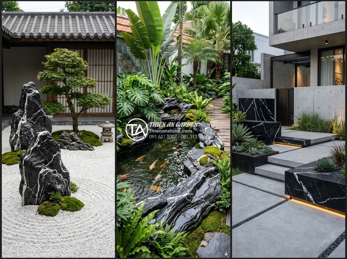 Nghệ thuật thiết kế Layout lũa săn đá (San đá) đỉnh cao - Collage of three distinct high-end lava stone (lũa san đá) garden layouts: Japan