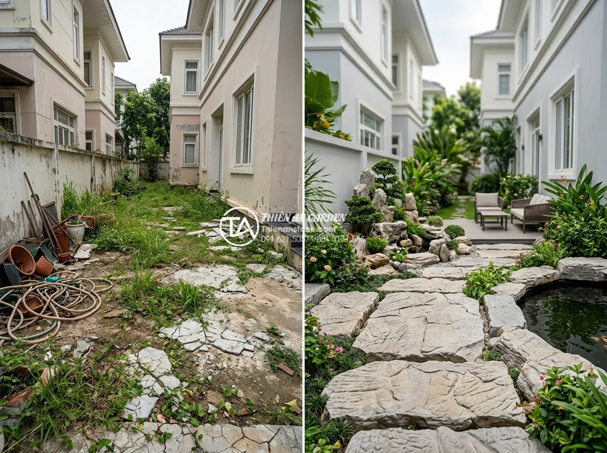 Nghệ thuật thiết kế Layout lũa săn đá (San đá) đỉnh cao - Before and after professional photography of a luxury villa garden transformatio