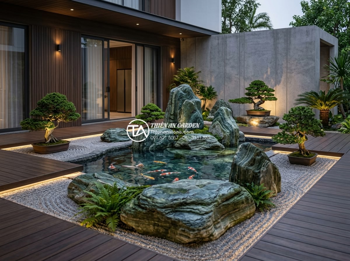 Nghệ thuật thiết kế sân vườn với đá xanh Nhật Bản: Xu hướng đẳng cấp 2026 - Luxury modern Japanese zen garden in 2026 trend featuring large green Japanese s