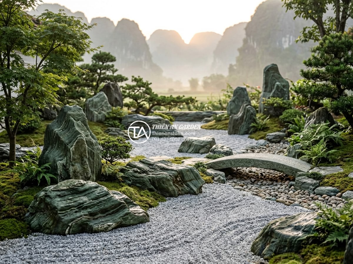 Nghệ thuật thiết kế sân vườn với đá xanh Nhật Bản: Xu hướng đẳng cấp 2026 - Masterful Japanese garden design showing asymmetrical placement of green Japanes