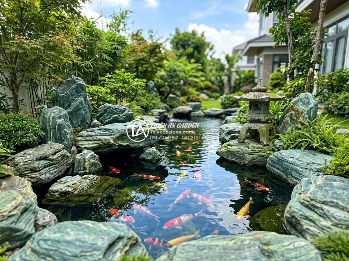Nghệ thuật thiết kế sân vườn với đá xanh Nhật Bản: Xu hướng đẳng cấp 2026 - Stunning koi pond design integrated with Japanese green stones forming natural b