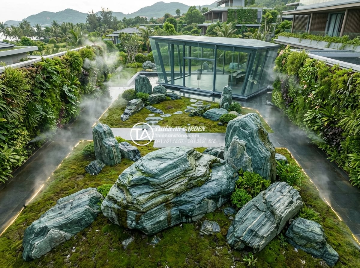 Nghệ thuật thiết kế sân vườn với đá xanh Nhật Bản: Xu hướng đẳng cấp 2026 - Futuristic 2026 Japanese green stone garden design blending traditional zen elem