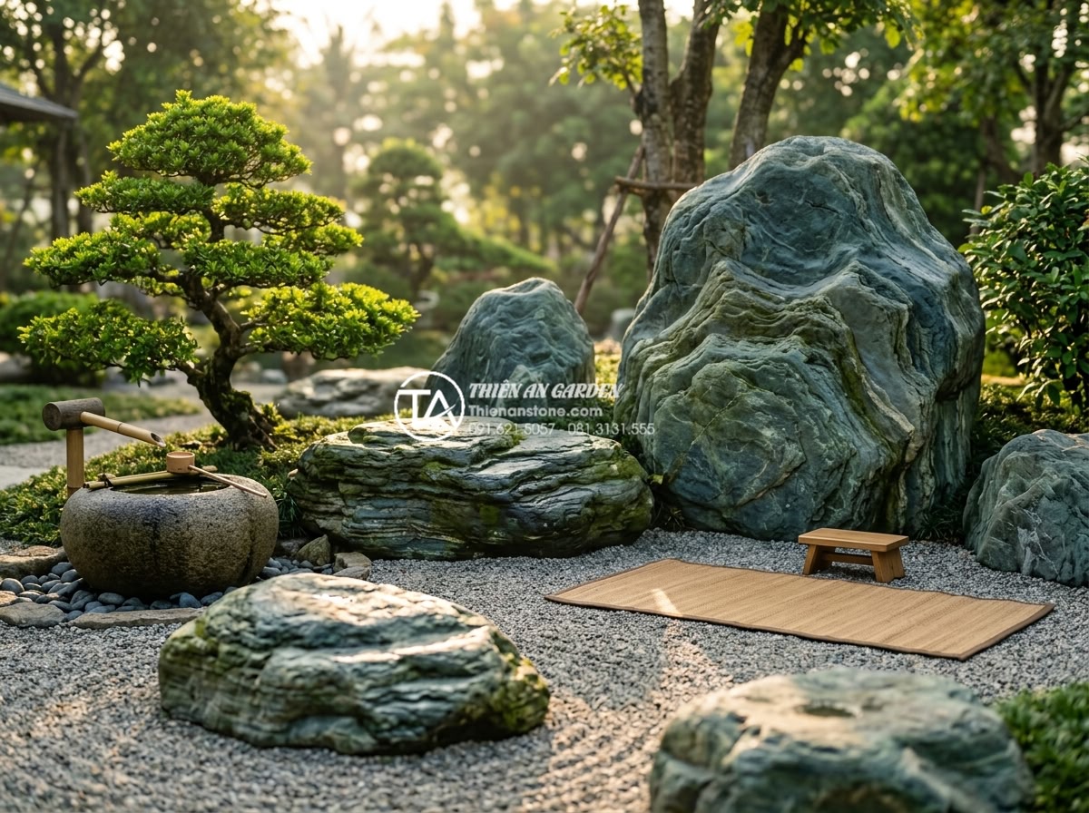 Nghệ thuật thiết kế sân vườn với đá xanh Nhật Bản: Xu hướng đẳng cấp 2026 - Peaceful zen meditation corner in a Japanese green stone garden with large smoot