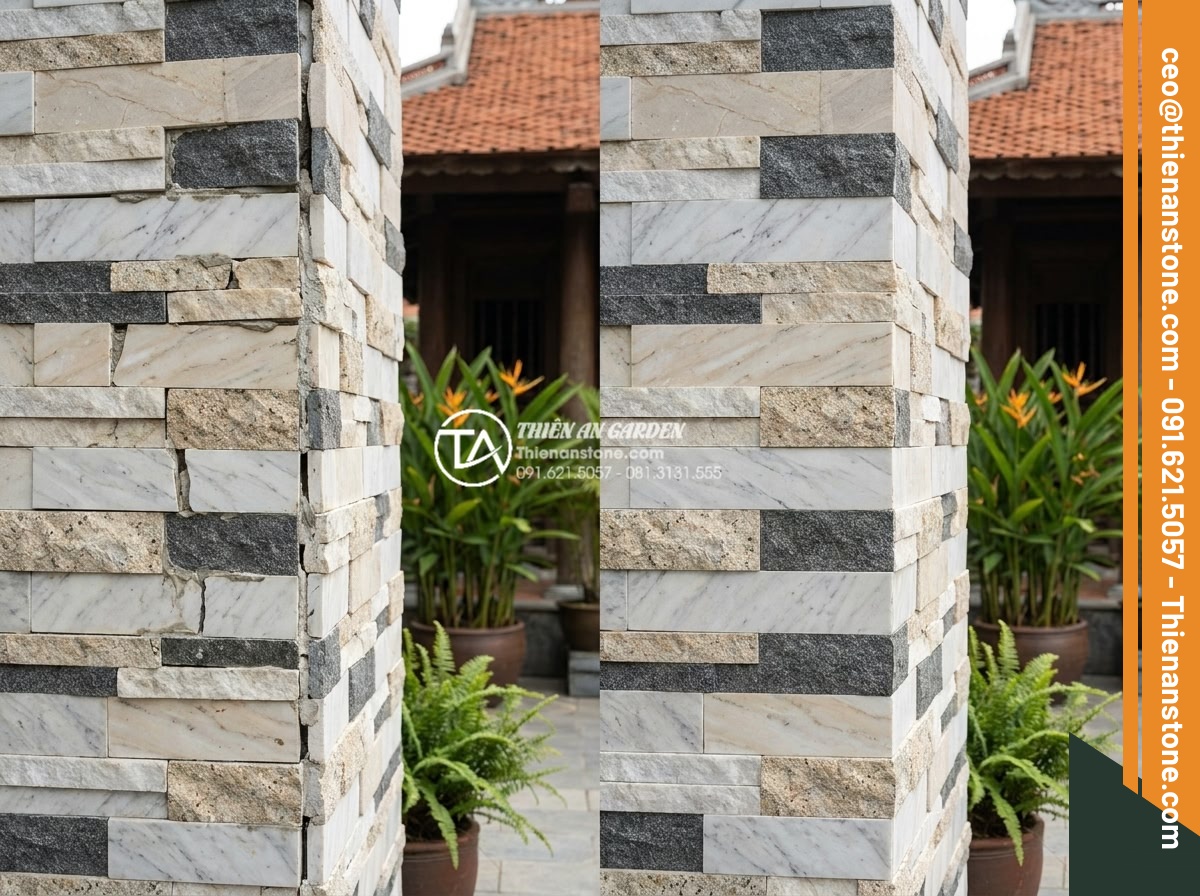 Quy trình thi công đá ghép tổ ong 10x50 cho tường rào và tiểu cảnh - Hình 15 Quy trình thi công đá ghép tổ ong 10x50 cho tường rào và tiểu cảnh - Before and after images highlighting common installation mistakes in stone mosai