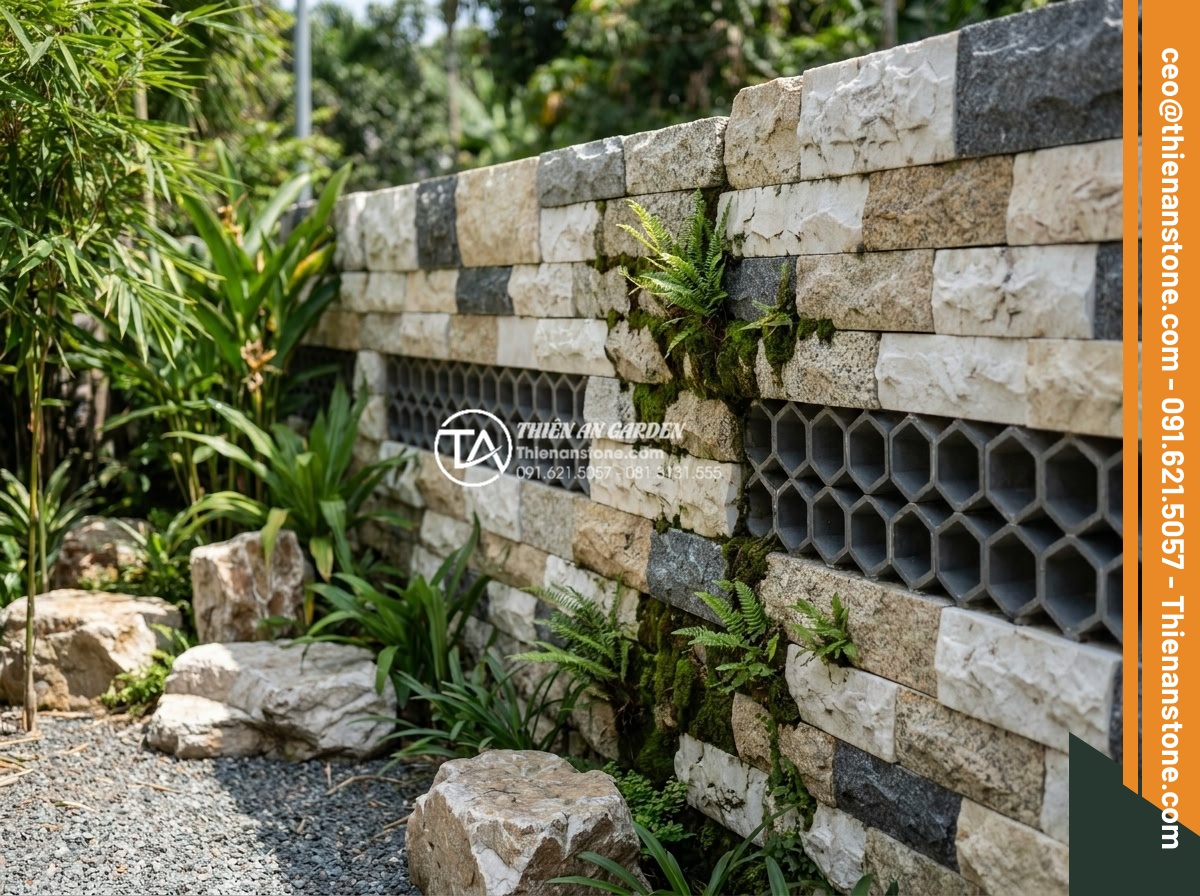 Quy trình thi công đá ghép tổ ong 10x50 cho tường rào và tiểu cảnh - Hình 20 Quy trình thi công đá ghép tổ ong 10x50 cho tường rào và tiểu cảnh - Showcase of completed high-end garden fence and rockery projects by Thien An Sto