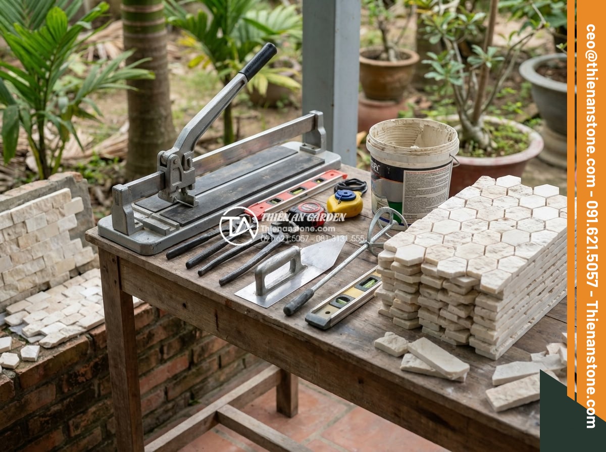 Quy trình thi công đá ghép tổ ong 10x50 cho tường rào và tiểu cảnh - Hình 6 Quy trình thi công đá ghép tổ ong 10x50 cho tường rào và tiểu cảnh - Professional toolkit display including stone cutters, adhesive applicators, and