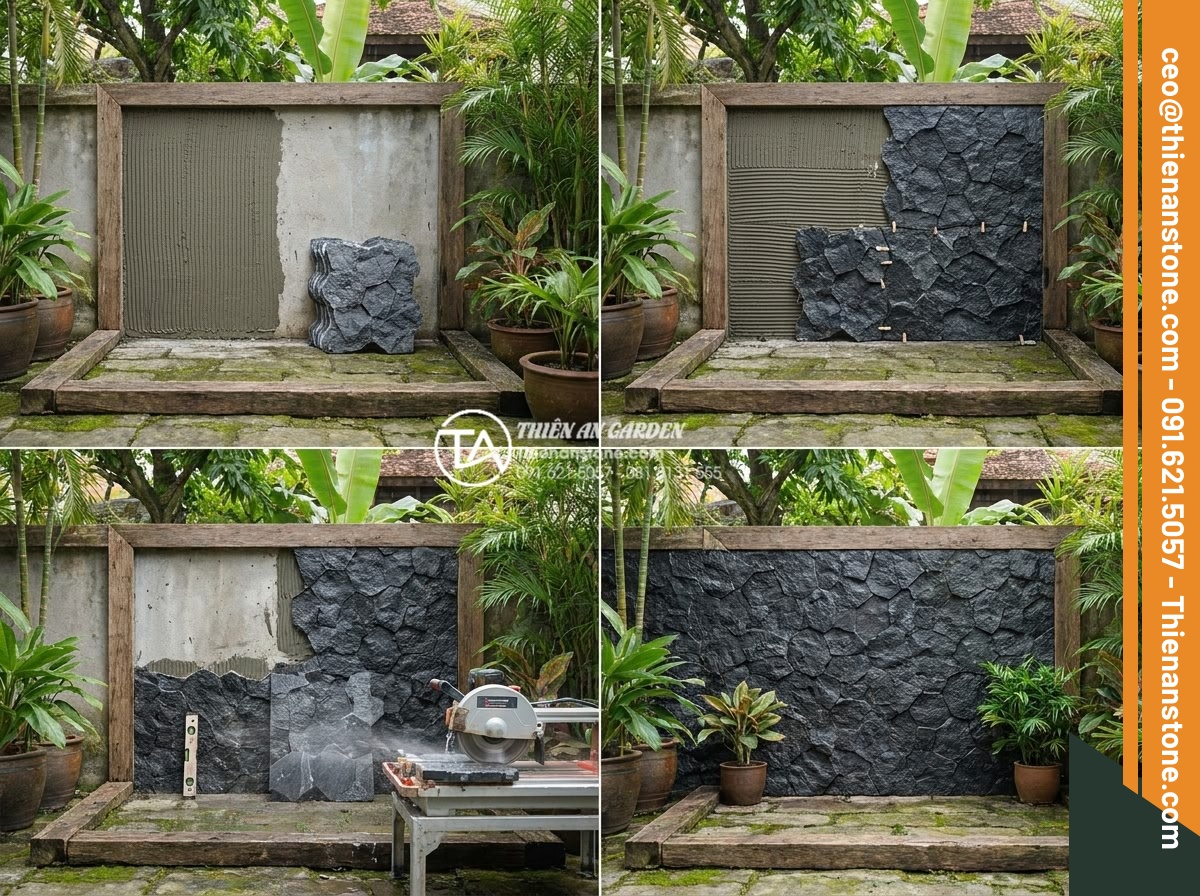 Quy trình thi công đá ghép tổ ong 10x50 cho tường rào và tiểu cảnh - Hình 7 Quy trình thi công đá ghép tổ ong 10x50 cho tường rào và tiểu cảnh - Step-by-step infographic style image illustrating the basic phases of honeycomb